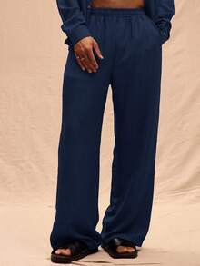 Musero Men Oversized Linen Pants Only Spring Summer Vacation Easter - Navy Blue - View 2