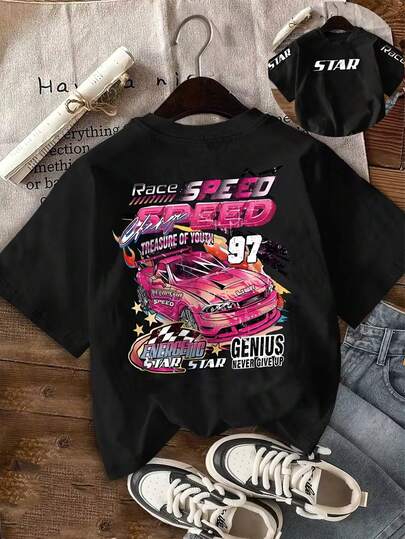 女士圆领短袖创意汽车图案夏季休闲T恤