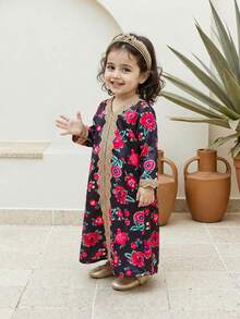 Toddler Girls' Long Sleeve Floral Print Gold Trim Dress, Middle Eastern Style, Elegant & Delicate, Spring/Autumn Dress Baby Girl Toddler Girl Long Sleeve Dress Toddler Long Sleeve Dress Girls Dress - Black - View 5