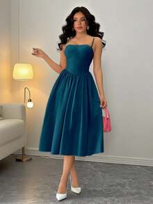 Rafferiza 时尚百搭约会派对吊带喇叭连衣裙，适合秋冬季女性 - 湖藍色 - 查看 5