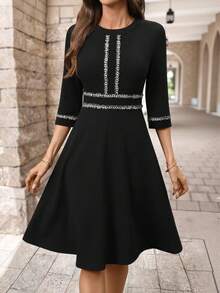 EMERY ROSE 女士圆领七分袖缎带设计优雅中长连衣裙 - 黑色 - 查看 7