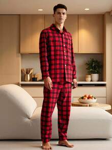 Velminro Men's Contrast Plaid Long Sleeve Pajama Set Shirt And Pants Set Men Men Pajama Set - Red - View 4