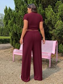 SHEIN EZwear Conjunto de top y pantalones de punto texturizado con cordón, informal y de talla grande - Burdeos - Ver 2