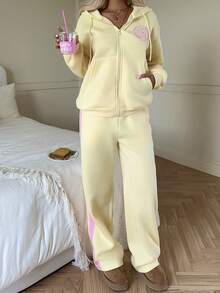 CovetEZ 2026秋冬新款女装两件套：黄色休闲家居甜美运动撞色粉色字母刺绣图案刺绣拉链长袖保暖连帽卫衣和宽松长裤，舒适、百搭、时尚、青春活泼的黄色两件套 - 黃色 - 查看 7