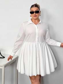 Truni 大码纯色前开襟休闲百搭长袖连衣裙/秋冬 - 白色 - 查看 5