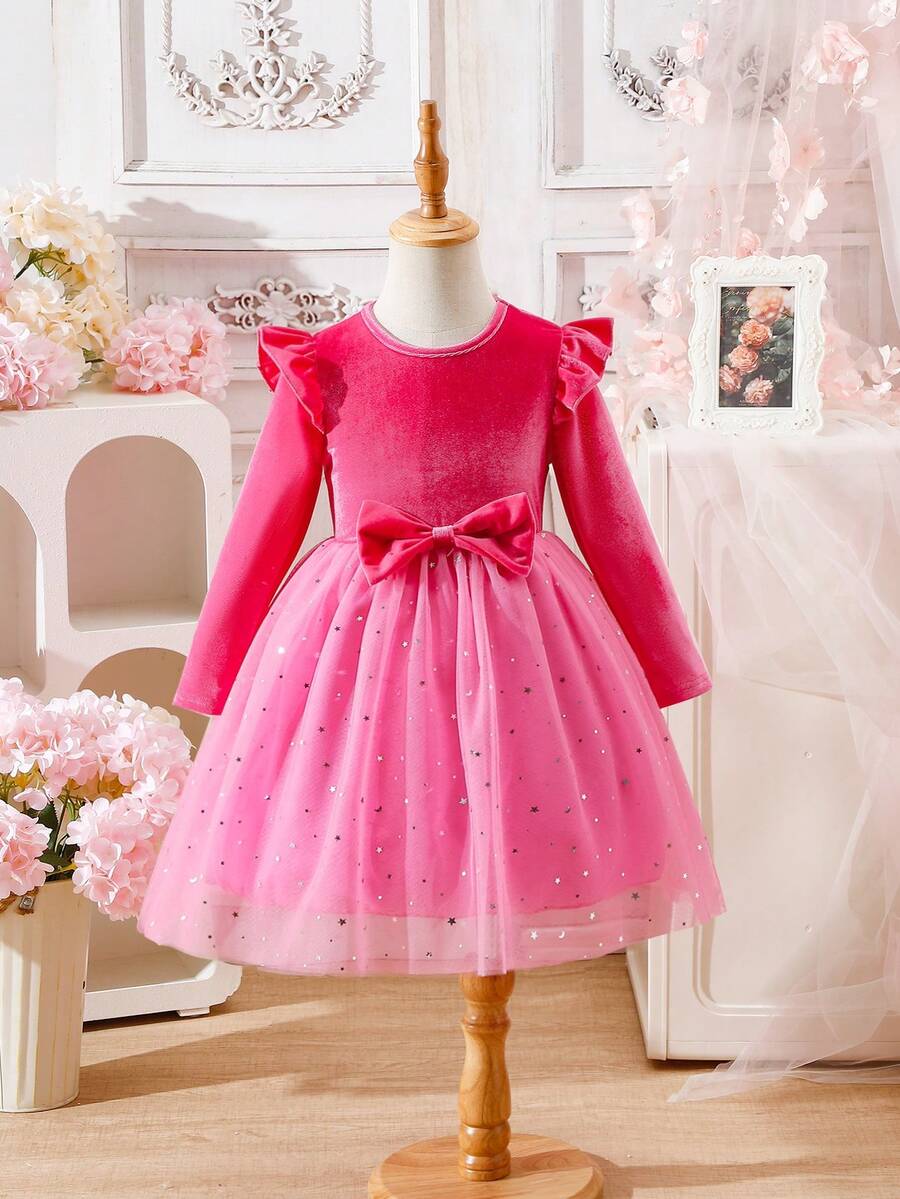 Glamorique Kids Girls' New Velvet Patchwork Star Mesh Red Christmas Dress, Suitable For Autumn/Winter, Quality Fabric, Soft Star Mesh, Velvet Patchwork Design, Suitable For Christmas And Casual Occasions