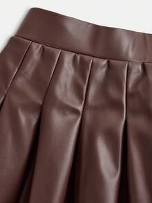SHEIN Tween Girl Casual High-Waisted Versatile Solid Color Pleated Short PU Skirt - Brown - View 3