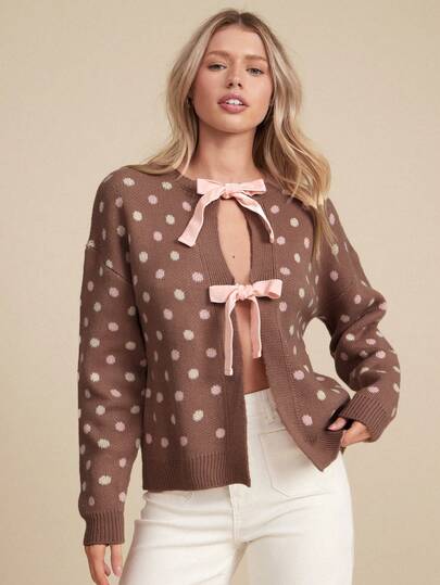 WESTFADE Cárdigan de manga larga con ajuste cuadrado, lazo con estampado de lunares en la parte delantera