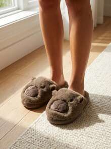 Dama pantuflas de felpa suave diseño animal punta cerrada suela gruesa estilo acogedor para uso en casa pantuflas - Marrón grisáceo - Ver 4