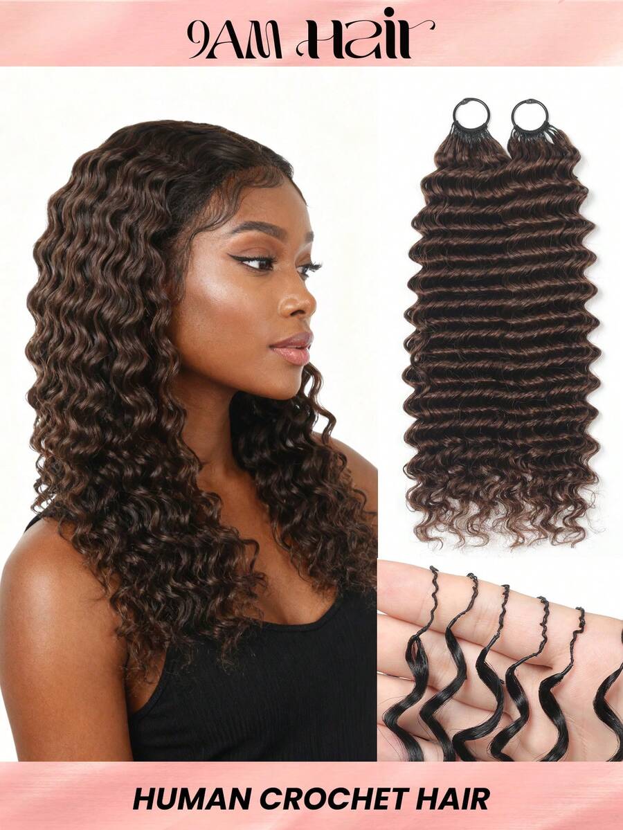 Boho Braids 100%真人发丝，深波浪羽毛线波西米亚风钩编发，真人发沙龙级丝滑无痕隐形接发，适合发量较少的女性，微环预编真人发接发 - S4 - 查看 1