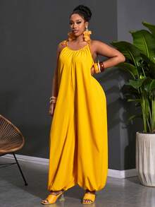 Slaydiva 春夏新款音乐节、复活节、圣帕特里克节、西部风、游牧风、生日派对、毕业典礼、学院风、学生装、日常休闲、百搭基础款、休闲、邮轮旅行、海滩、日光浴、爆款、街头风、婚礼宾客波西米亚风女士长款连体裤、女士阔腿连体裤、女士宽松纯色长裤、夏季无袖派对连体裤 - 黃色 - 查看 18