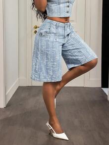 Slaydiva Women's High-Waisted, Casual, Loose-Fitting Bermuda Denim Shorts, 5/6 Length, With Pockets, Light Blue Jacquard Fabric. Valentine Clothes Carnival Women Summer Clothes  Y2k Clothes - Light Wash - View 3