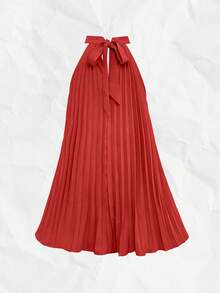 Chiquease 露肩吊带褶皱休闲连衣裙，适合新年度假海滩穿着 - 紅色 - 查看 2