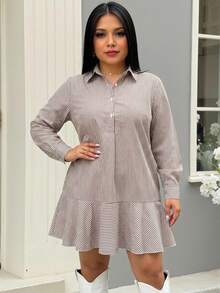 SHEIN LUNE 加大码红白条纹休闲宽松短款长袖连衣裙，圣诞节连衣裙，感恩节连衣裙，冬季连衣裙，条纹迷你连衣裙，必备单品，日常休闲装，秋季连衣裙，乡村休闲假日装扮，假日派对连衣裙 - 紅白色 - 查看 1