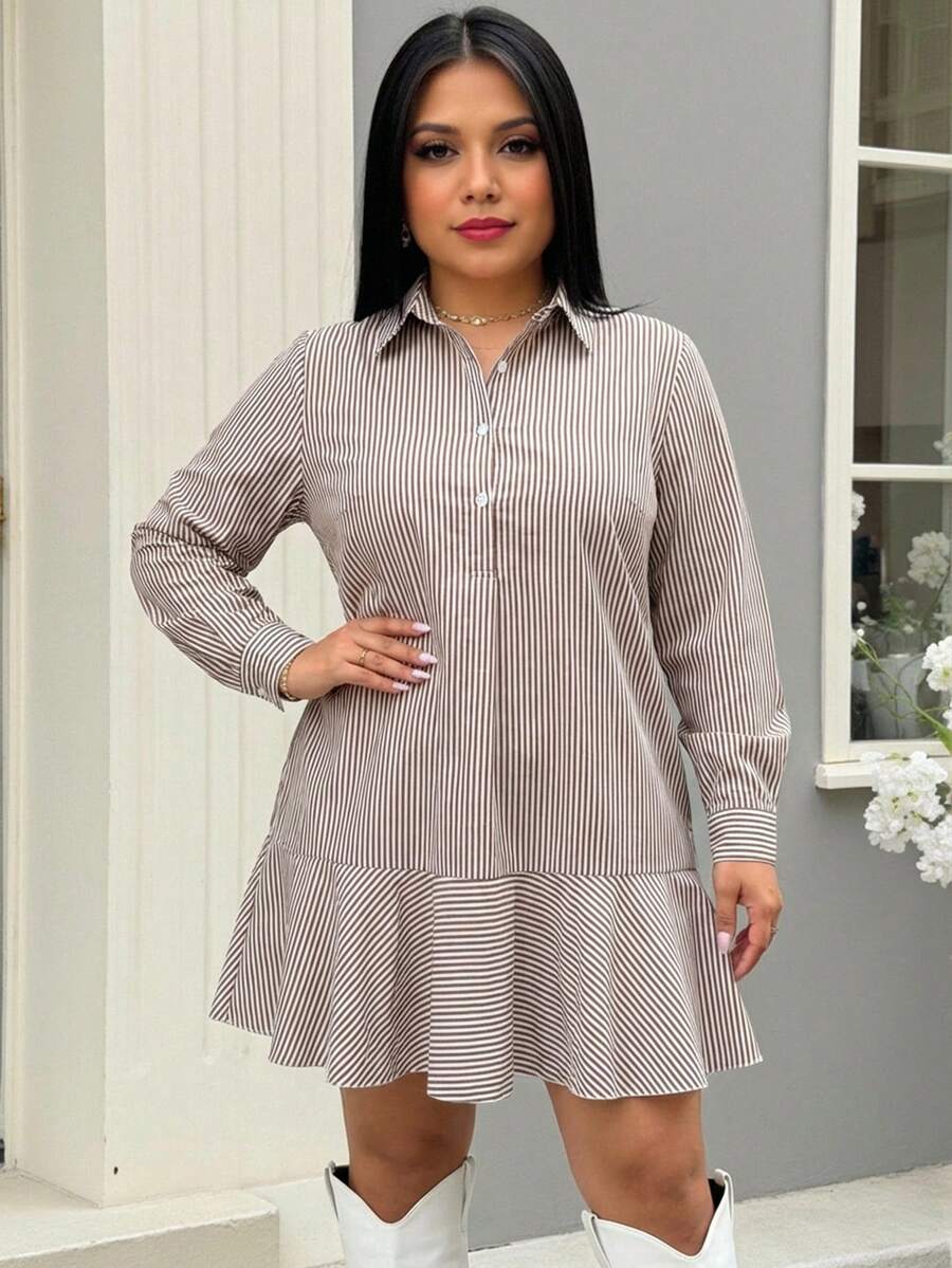 SHEIN LUNE 加大码红白条纹休闲宽松短款长袖连衣裙，圣诞节连衣裙，感恩节连衣裙，冬季连衣裙，条纹迷你连衣裙，必备单品，日常休闲装，秋季连衣裙，乡村休闲假日装扮，假日派对连衣裙 - 紅白色 - 查看 1