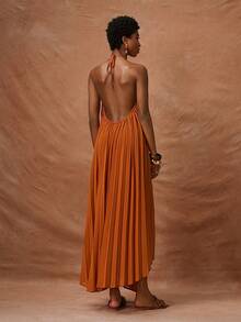 Zivah 2026春夏新款音乐节、复活节、圣帕特里克节、情人节、约会、西部风情、游牧风、生日派对、毕业典礼、大学、学生、日常休闲、基础款、休闲、度假、邮轮、海滩、日光浴、爆款、街头风、婚礼宾客、波西米亚风、通勤、早午餐、机场、派对、假日郊游、办公室着装 露背系带无袖A字长款褶皱飘逸黄色雪纺连衣裙 - 黃色 - 查看 2