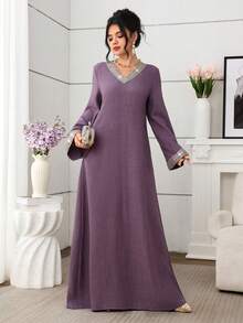 Al Najma Solid Color V-Neck Loose Long Sleeve Elegant Ribbon Decor Everyday Dress - Purple - View 4