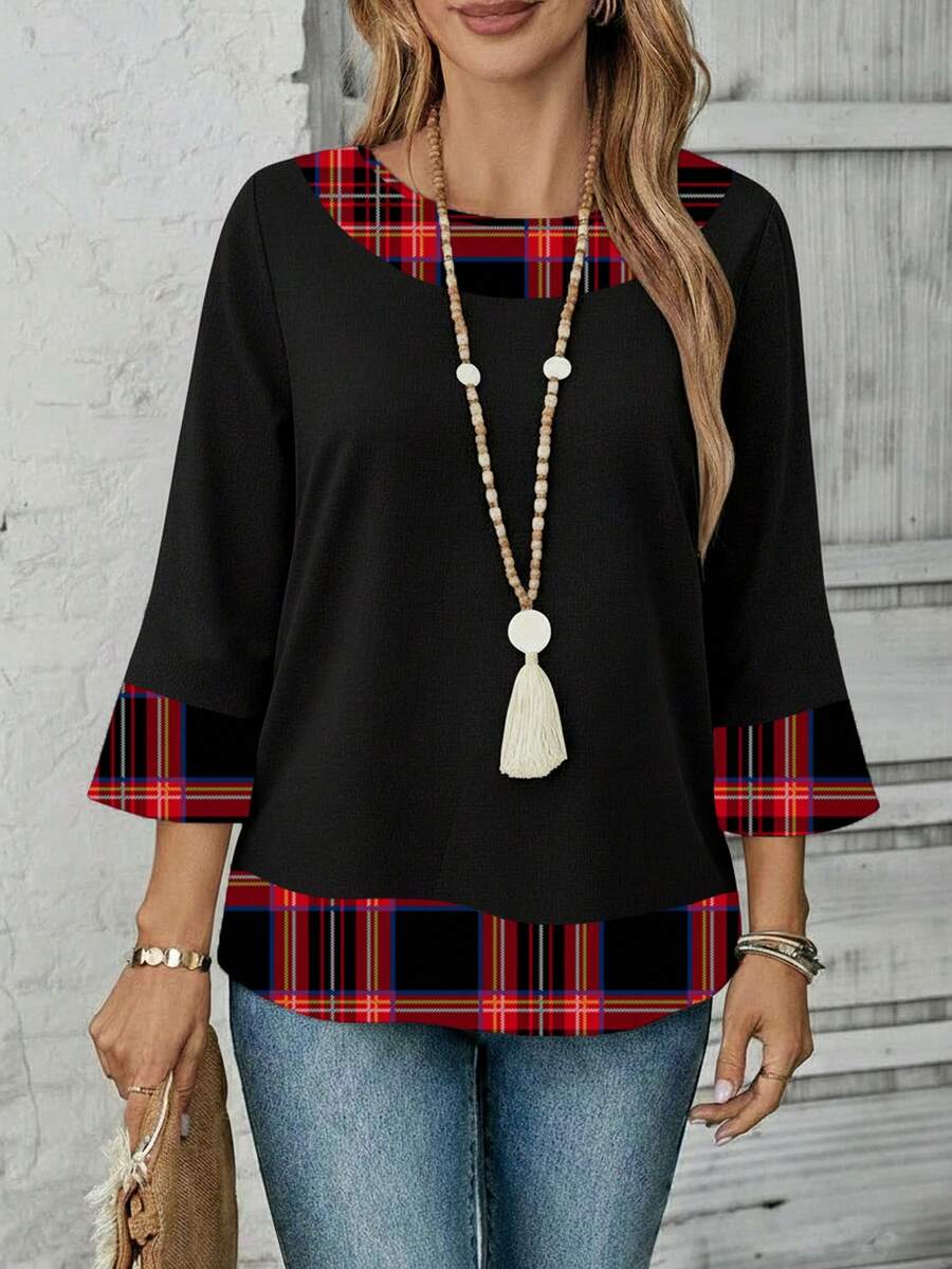 EMERY ROSE Camisa Feminina Estampa Xadrez Vermelho e Preto com Contraste de Cores - Multicolorido - Visão 1