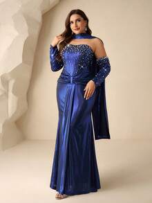 Coutiva Vestido de Festa de Gala de Mulheres Plus Size com Design de Fita e Decoração de Pérola Falsa, Vestido de Festa Formal com Elegância - Azul Royal - Visão 3