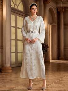 Al Najma Women's Floral Beaded V-Neck Long Sleeve Elegant Arabic Dress - Multicolor - View 7