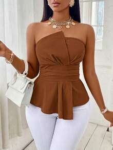 SOLERSUN 纯色褶皱不对称下摆露肩抹胸上衣 - 鏽棕色 - 查看 3