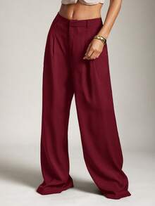 Hauture 夏季商务办公纯色休闲褶皱宽松裤 - 酒紅色 - 查看 5