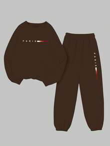 SHEIN BamGlam 巴黎简约数码印花正面休闲舒适百搭女士羊毛运动衫和裤子套装 - 咖啡棕 - 查看 3