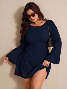 Elaquor Đầm dài tay cổ tròn đơn giản, màu trơn dành cho nữ cỡ lớn - Màu xanh hải quân - Xem 6