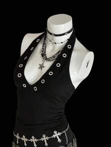 EgrlEra Metal Studded Deep V-Neck Sleeveless Mini Dress For Women - Black - View 6