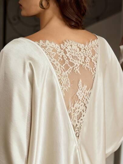 ZEYLAH Women's Contrast Lace Batwing Sleeve Loose Elegant Blouse