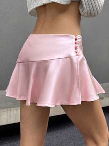 SHEIN EZwear Women's Light Pink Ruffle Hem Mini Skirt With Faux Pearl Buttons Pink Skirt Women Satin Skirt Cute Skirt - Baby Pink - View 3