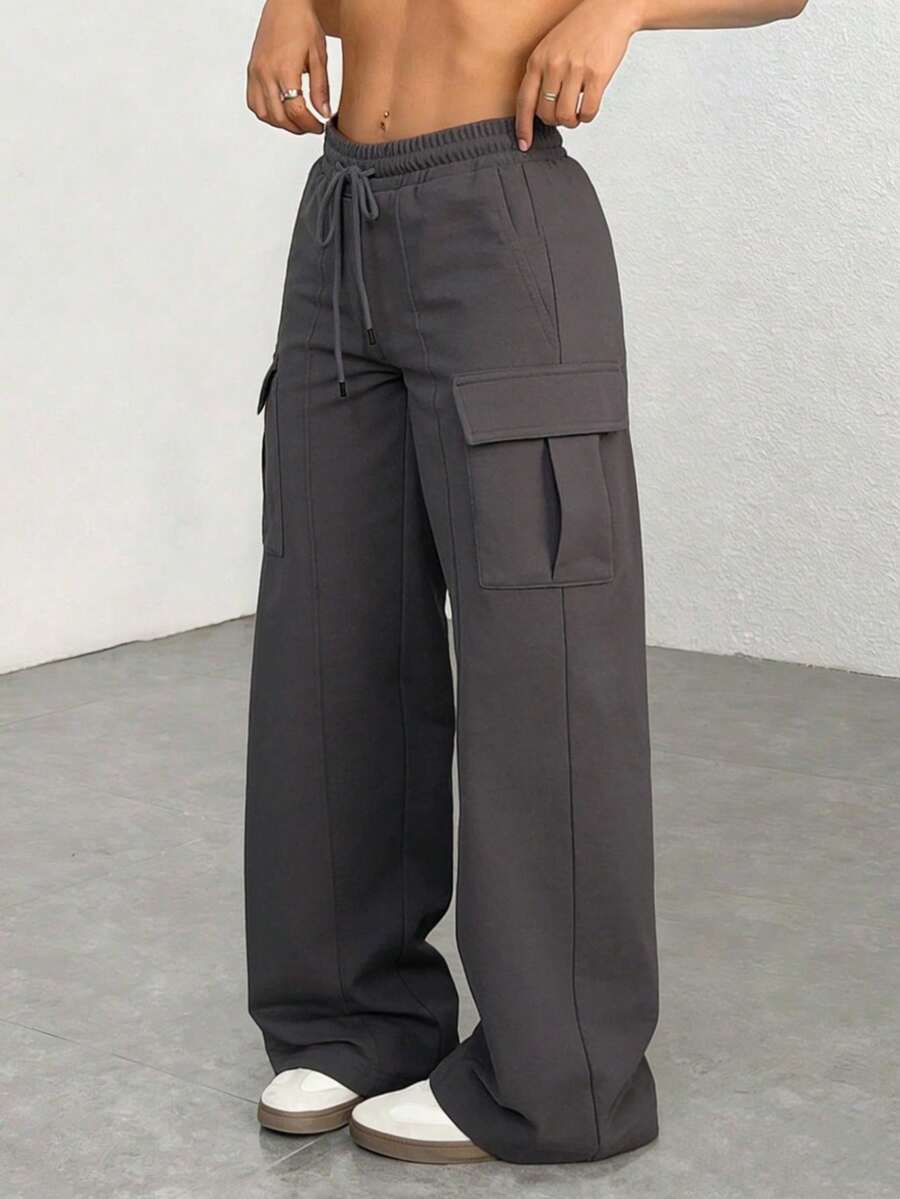 Pantalón casual negro con rayas laterales, simple y de moda para uso diario - Gris Oscuro - Ver 1