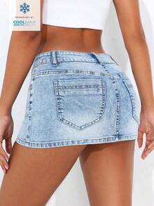 SHEIN EZwear Solid Color Low Waist Slim Fit Light Blue Minimalist Summer Mini Skirt - Light Wash - View 2