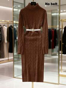 SHEIN Franclia 新款秋冬欧美休闲高领修身中长针织毛衣连衣裙 - 巧克力棕 - 查看 7