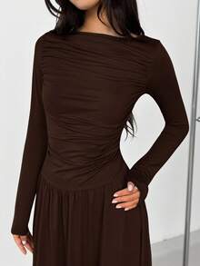 SHEIN Teen Girl Casual Minimalist Comfortable Long Sleeve Cinched Waist Mid-Length Dress - Brown - View 3