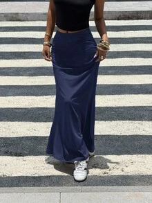 SHEIN Teen Girls' Navy Blue Solid Color Pleated Mermaid Maxi Skirt, Casual & Minimalist Long Skirt Navy Blue Skirt Skirt Long