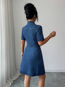 Elenzga Women's Cinched Waist Design Sense New Denim Dress Summer Elegant - Medium Wash - View 2