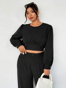 SHEIN Privé قميص أنيق بأكمام منتفخة وياقة مستديرة للنساء ذوات الحجم الكبير - الأسود - مشاهدة 5
