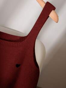 CosyJoli 大码女式心形刺绣系带开衫和吊带针织衫休闲套装 女式针织衫心形图案开衫开衫和背心套装 春季女装 - 酒紅色 - 查看 4