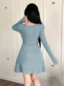 Feyla Women's Casual Solid Color Round Neck Long Sleeve Button Design Pleated Dress Long Sleeve Blue Dress Ribbed Dress Knit Dress - Blue - View 5