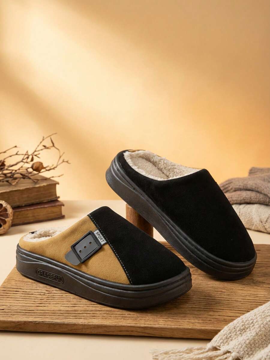 Unisex pantuflas de forro afelpado hebilla decorativa punta cerrada estilo acogedor para uso en casa pantuflas - Negro - Ver 1