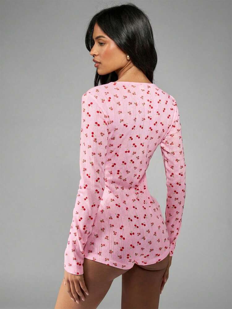 MISSGUIDED Cherry Print Pointelle Long Sleeve Deep V-Neck Romper Playsuit Spring Summer Casual Lounge Sleepwear Jumpsuit