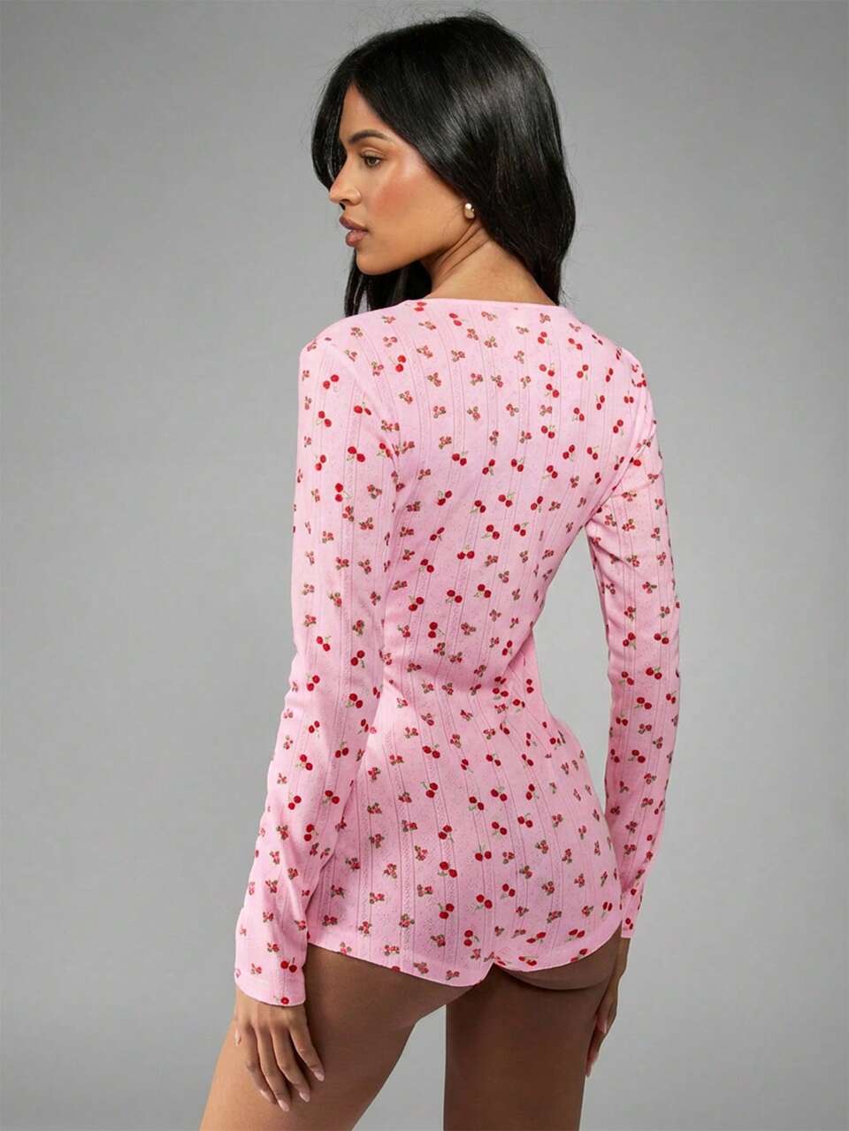 MISSGUIDED Cherry Print Pointelle Long Sleeve Deep V-Neck Romper Playsuit Spring Summer Casual Lounge Sleepwear Jumpsuit