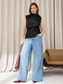 SHEIN Essnce Áo nữ cỡ lớn kiểu dáng thường ngày, Áo PU màu đỏ tía, Áo nữ thanh lịch, Trang phục nữ mùa thu, Thời trang nữ mùa thu - màu đen - Xem 6