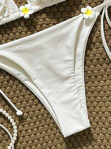 Swim Mod Bộ bikini nữ màu trơn buộc cổ yếm, họa tiết hoa, thích hợp cho mùa xuân/hè. - Màu be - Xem 6