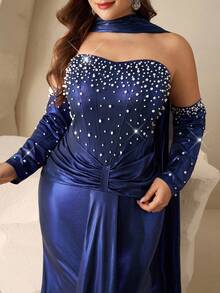 Coutiva Vestido de Festa de Gala de Mulheres Plus Size com Design de Fita e Decoração de Pérola Falsa, Vestido de Festa Formal com Elegância - Azul Royal - Visão 6