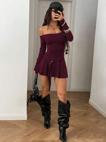 SHEIN HypeZone Đầm dài tay ôm sát, hở vai dành cho nữ - Màu Hồng Tươi - Xem 3