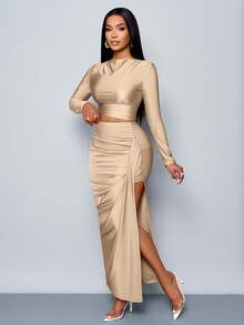 SOLERSUN Conjunto de 2 piezas para mujer de unicolor, elegante y casual, con camiseta de manga larga de cuello asimétrico simple y falda larga plisada con abertura lateral ceñida, conjunto de dos piezas - Caqui - Ver 6