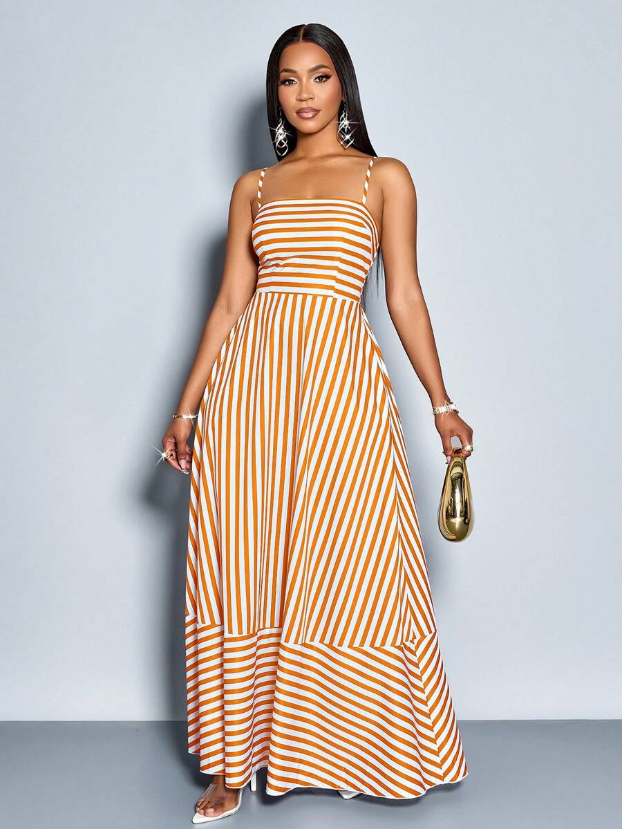 SOLERSUN فستان ماكسي مخطط مع أربطة الكتف، جيوب، وتجميع الصدر، مناسب للعطلات، الشاطئ، التنقل، والارتداء اليومي العادي (زهور عشوائية) - لون برتقالي - مشاهدة 1