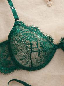 Floral Lace Underwire Sexy Bra & Panty Lingerie Set - Dark Green - View 4